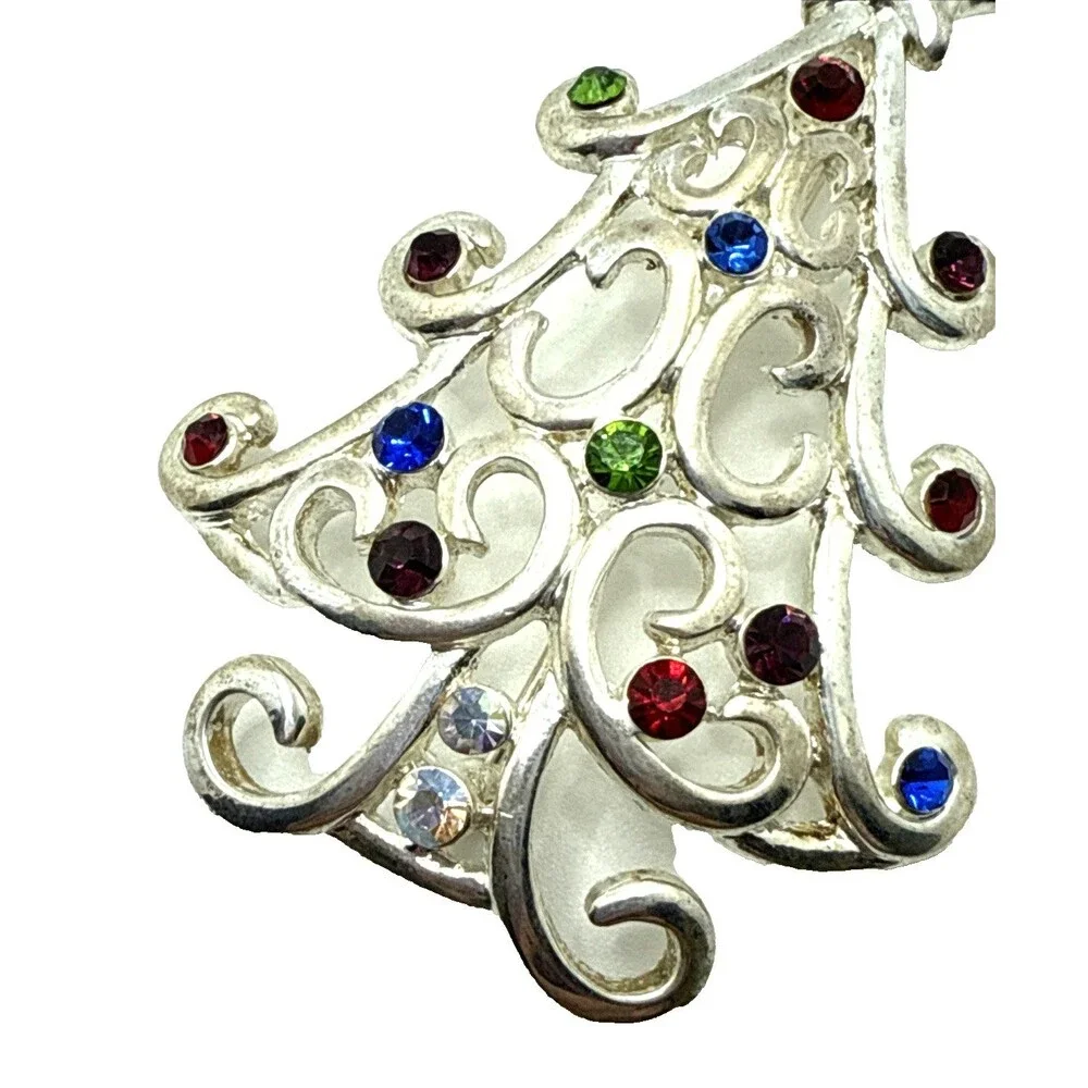 Vintage Kenneth Cole Rhinestone Christmas Tree Brooch Silver Tone KC Holiday Pin